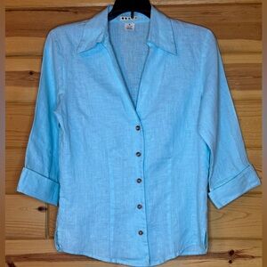 Women’s Classy Linen Aqua Button Down Shirt Size Small